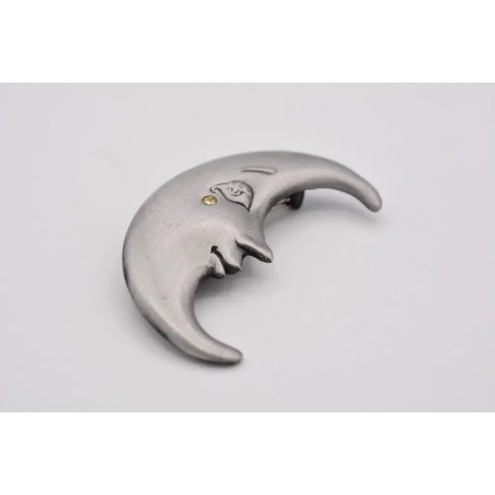 AJC Vintage Celestial Crescent Moon Pin Brooch Face Crystal Signed 1980s BinA18